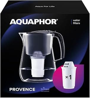 AQUAPHOR Provence Water Filter Jug 4.2L, for Reduction of Chlorine and Other impurities, Includes 1 x A5 Filter Cartridge with Added Magnesium- Premium Water Filter jug in Glass Effect. - Black