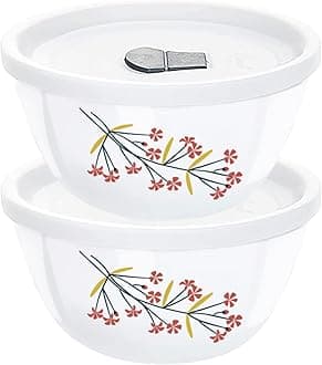 Larah by Borosil Red Bud Opalware 2 pc Mixing & Serving Bowl Set with Lid | 750 ml Each | Microwave & Dishwasher Safe, Bone-Ash Free | Crockery Set Ideal for Daily Use & Gifting, White