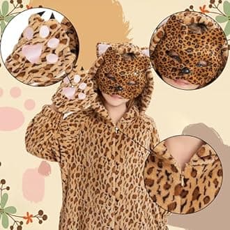 Ezuwail Cheetah Costume Kids Snow Leopard Costume Gloves Mask Cheetah Onesie Bodysuit Halloween Cosplay for Girls Boys