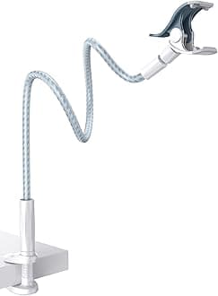 Gooseneck Phone Holder Bed - [Nylon Braided] Flexible Arm, Overall Length 38inch, 360 Adjustable Clamp Clip, Overhead Cell Phone Mount Stand for Bed, Blue White