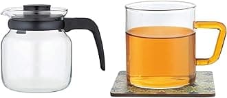 Borosil - Carafe Flame Proof Glass Kettle with Stainer, 650 ml + Borosil Vision Tea N Coffee Glass Mug Set of 6 - Microwave Safe, Yellow Handle, 190 ml