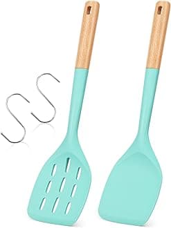 Badiano Pack of 2 Silicone Spatula, Non Stick Cooking Utensil Set Stainless Steel Handle Kitchen Turner for Baking Mixing Grilling Serving Food Heat Resistant Non Scratch Hooks Included (Green)