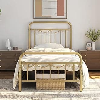 Yaheetech Twin XL Size Metal Bed Frames with Vintage Headboard and Footboard, Farmhouse Metal Platform Bed, Heavy Duty Steel Slat Support, Ample Under-Bed Storage, No Box Spring Needed, Antique Gold