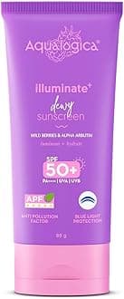 – Aqualogica Illuminate+ Dewy All Skin Type Sunscreen Spf 50+ Pa++++ With Wild Berries & Alpha Arbutin - 80g Protection Against Uva/B & Blue Light, Fragrance-Free For Luminous & Sun Protected Skin