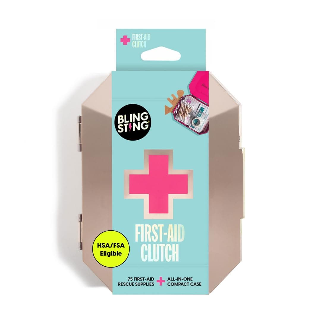 First-Aid Clutch - 75 Essential Emergency Items - First-Aid Kit, Metallic Rose Gold Travel Case