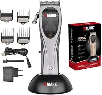 WMARK NG-9005 Ultra-Premium Professional 9000 Rpm Microchipped Magnetic Motor 0 Gapped Hair Clipper High Precision Powder Metallurgy Blade 4 Guide Comb Taper Lever Adaptor Charging Pod Stand, Model 10