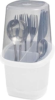 Toledo Covered Cutlery and Utensil holder, Flatware Plastic Caddy Organizer for Silverware with Cover top Perfect for Kitchen, picnic, home, BBQ, Party, Camping, Outdoor and Restaurant (White)