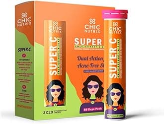Super C - Natural Vitamin C & Zinc for Clear & Acne Free Skin | 1000mg Amla Extracts|For Women & All skin types| Orange Flavour | 60 Effervescent Tablets