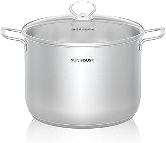 Sunhouse Stainless Steel Stock Pot – 12.6 Quart Heavy-Duty Induction Cooking Pot with Glass Lid for Pasta, Soup, Spaghetti – Thick-Bottom Large Stockpot for Boiling, Simmering, Canning