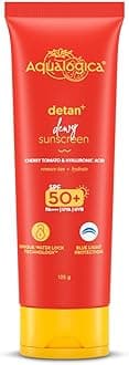 Detan+ Dewy Sunscreen with SPF 50+ & PA++++ - 125 g with Cherry Tomato & Hyaluronic Acid Lightweight, No white-cast, Blue Light Protection, Suitable for all skin types, Men & Women