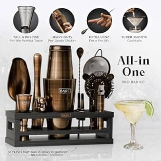 BARE BARREL® Mixology Bartender Kit Bar Set | 16-Piece Cocktail Shaker Set | Martini Barware Mixing Tools for Home Bartending | Incl. 35 Recipe Cards | Gift Set (28oz Boston Shaker, Brass/Black)