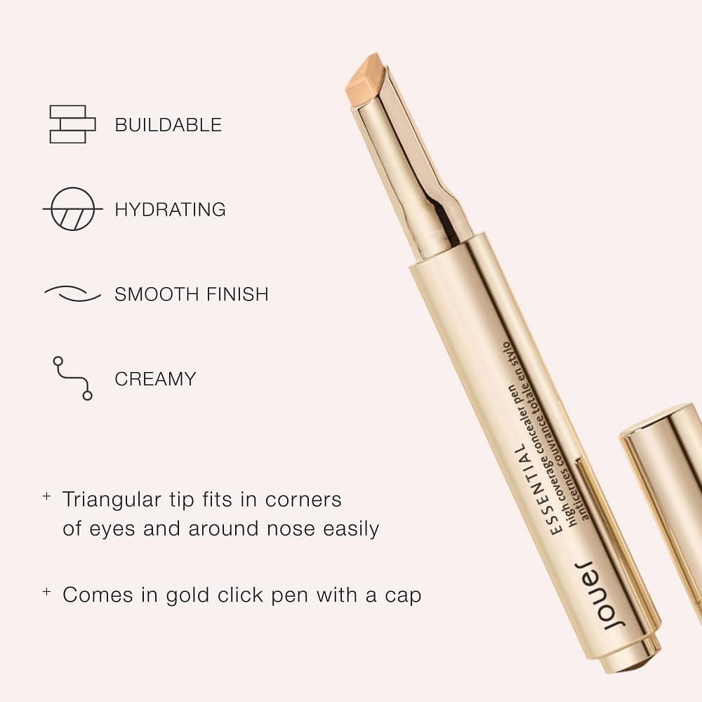 Jouer Essential High Coverage Concealer Pen - Under Eye Concealer for Dark Circles - Brightening Makeup for Eye Circles - Color Corrector Eye Primer with Hyaluronic Acid and Vitamin E
