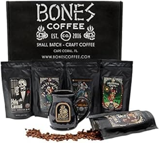 Bones Coffee Company Favorite Flavors Sample Pack Box Set with Specialty Coffee Mug, 5 Assorted Single-Origin Low Acid Medium Roast Arabica Beans Flavored Coffee Gifts, 4 oz Pack of 5 Whole Bean