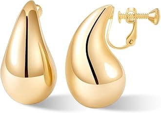 Gold Drop Clip On Earrings Dupes Teardrop Chunky Non Pierced Earring 14K Real Gold Plated Hypoallergenic Lightweight Earrings for Women（Gold and Silver）