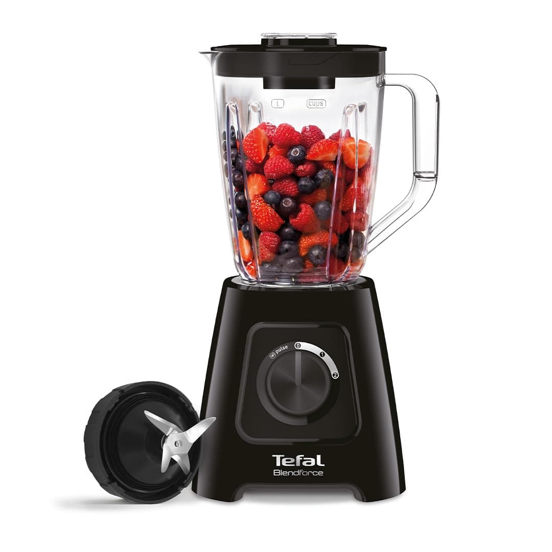 Tefal Blendforce II Blender, 2L Plastic Jug, 1.25L Effective Capacity, 600W, 4 Removable Stainless Steel Blades, Smoothie, Ice Crush, 2 Speeds + Pulse, Kitchen Shakes Maker, Black, BL420840