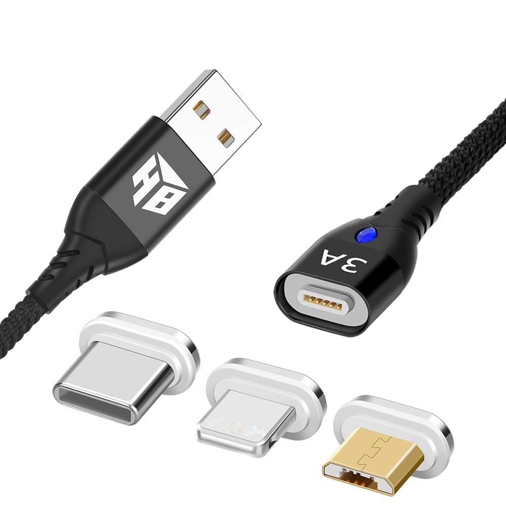 Hemamba Magnetic Charging Cable USB to iOS,USB Type C and Micro USB Magnetic Cable.High Speed 3A Magnetic 3 in 1 Cable.Nylon Braided Charge Sync Data Cord for i-Product and Android Mobile Devices(2M)