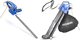 Hyundai Lightweight Powerful 550w 510mm Corded Electric Hedge Trimmer Pruner 10m Cable With 3 Year Warranty, Blue (HYHT550E) & 3 in 1 3000W Electric Leaf Blower- 45L Bag, HYBV3000E, Blue