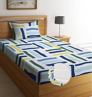 DECOMIZER Cotton Feel Glace Cotton Elastic Fitted All Around Printed Full Length Single Bed Bedsheet With 1 Pillow Cover 300 TC Fits Upto 6 Inches Mattress,Size- 42X75X8 Inches,White Lines