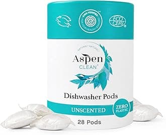 AspenClean | Unscented Dishwasher Pods | Cuts Grease and Grime | Zero Plastic | Non - Toxic | 100% Natural Dishwasher Detergent | EWG Verified - 28 Count