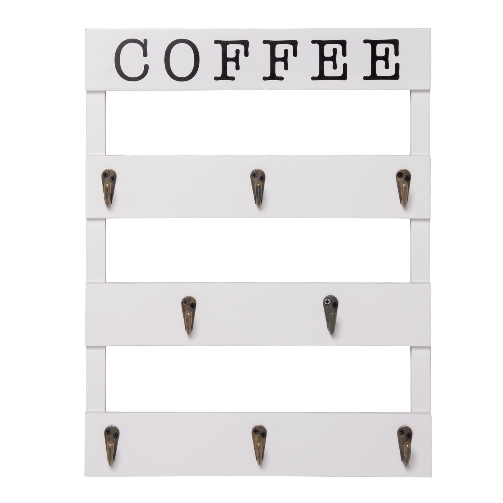Solid Wood Coffee Mug Holder Wall Mounted, Rustic Cup Rack with 8 Hooks Large Space for Big Cups for Kitchen, Home, Coffee Bar Station (White)
