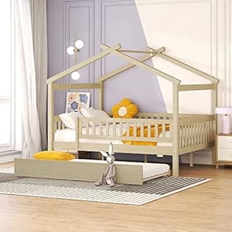 House Bed with Trundle and Fence, Full Size Montessori Style Beds with Railings, Wooden Playhouse Bed Frame for Kids Girls Boys, Natural