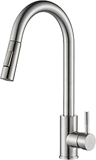 Brushed Nickel Kitchen Sink Mixer Tap with Pull Out Sprayer - Modern Stainless Steel Single Handle Pull Down Sprayer Tap, High Arc Swivel Spout for Easy Washing