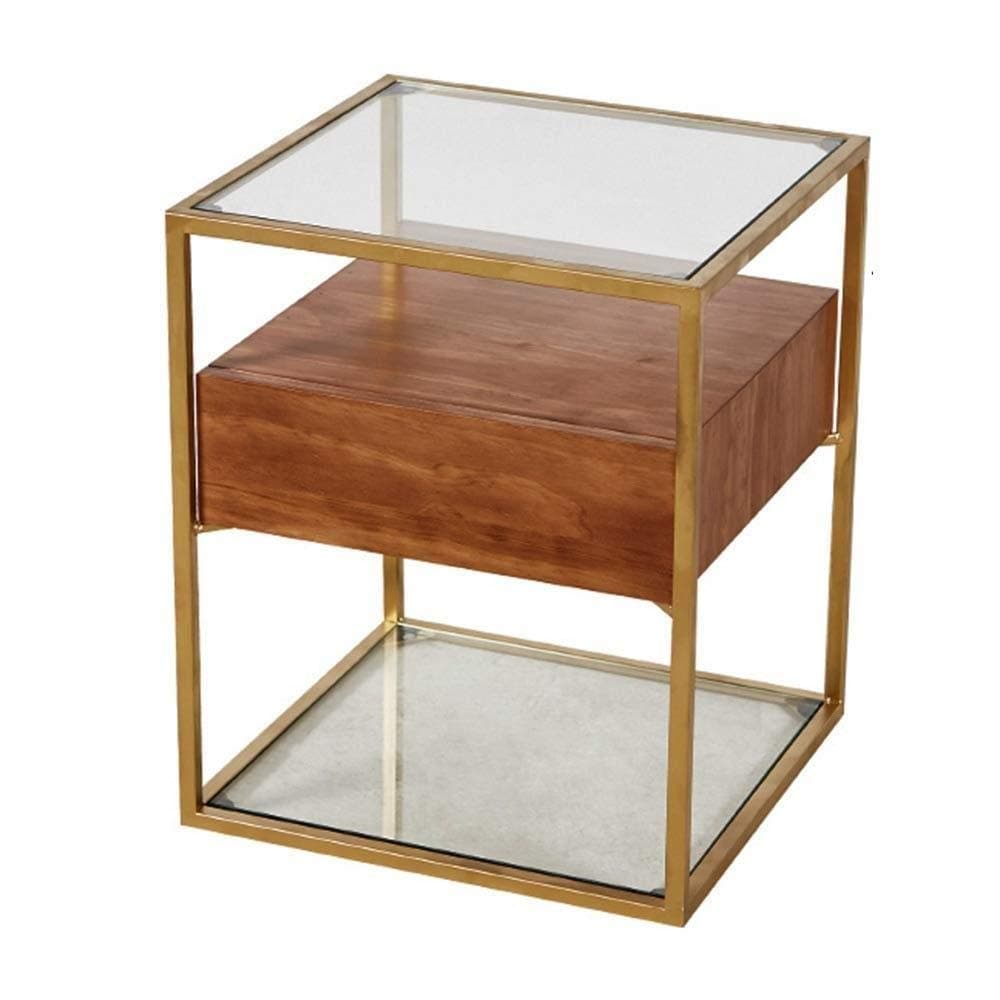 LXYFC Industrial Style Side Table with 1 Solid Wood Drawers Tempered Glass Coffee Table Bedroom Bedside Table (Color : Black)