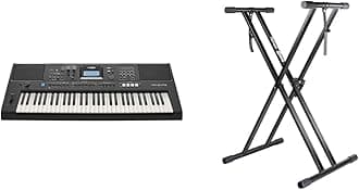 Yamaha PSR-E473 Portable, Versatile Digital Keyboard with 61 Touch-Sensitive Keys, in Black & RockJam XX-363 Xfinity Doublebraced Pre Assembled Keyboard Stand with Locking Straps & Lessons.,Black