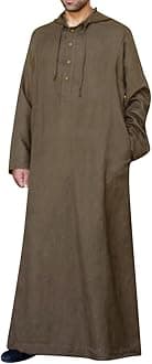 Muslim Hooded Kaftans for Men Linen Robe Long Sleeve Button Down Long Gown Drawstring Shirts Thobe with Pockets