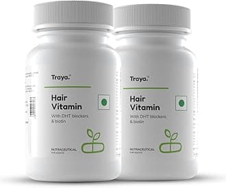 Traya Hair Vitamins Capsules, Natural Dht Blocker & Biotin For Hair Growth, Contains 12 Mcg Biotin, Vitamin A, C, D, E, B9, B12, Iron,Omega 3 & Bhringraj (60 Multivitamins For Hair) Pack Of 2