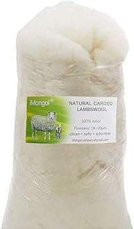 iMongol- Carded Lambs Wool Stuffing Batting for Needle Felting, Knitted Toys, Crafts, Bright Creations, Pillow Filler, Stuffed Animals, Cushions,Super Clean Fine, Natural White(2lb)
