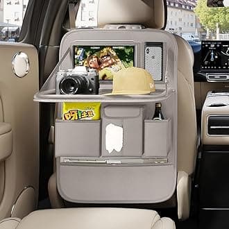 GMQ Back Seat Car Organizer 1 Pack,Backseat Organizer with Tray,Multifunctional Car Seat Back Storage Box with Foldable Tablet Holder (Grey, Plain weave)