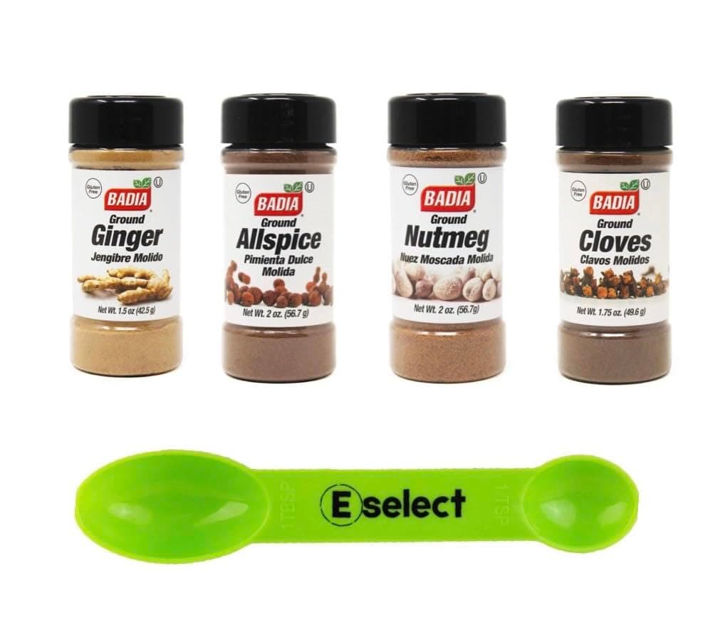 Badia Baking Spices Bundle (1) Badia Ground Ginger 1.5 Ounce, (1) Badia Ground Cloves 1.75 Ounces, (1) Badia Ground Nutmeg 2 Ounces, (1) Badia Ground Allspice 2 Ounces, Bundled with (1) Eselect Dual-Sided Measuring Spoon