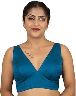 FIGURE'S DESIGNERWomen's Dupion Raw Silk Sleeveless V Neck Sabyasachi Cut Readymade Saree Blouse Padded Stitched Lining Designer Indian Festive Blouse | S4