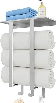 Bethom Towel Racks for Bathroom, Towel Rack Wall Mounted with Shelf & 3 Hooks, Towel Storage for Small Bathroom for Rolled Bath Towels, Brushed Nickel