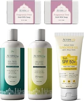 Hajj/Umrah Kit Fragrance Free Goat Milk Handmade Soap Set of 2 100gm each x 2 and Organic Hair Oil 250ml with Sweat Free Sunscreen Gel Spf 50gm Herbal Hair Shampoo 250ml Combo Set of 5