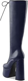 Women's High Chunky Heel Platform Knee High Boots Fashion Leather Lace Up Heeled Long Boots Wide Calf