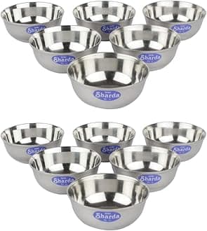 Sharda Metals Stainless Steel Curry Dal Bowl Katoris Set of 12 | Serving Dessert Vegetable Soup Wati Vati Bowls Katori Steel Set | Kitchen & Dining 12pcs