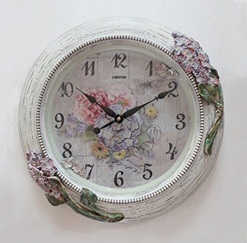 Lisheng White Shabby Chic Round Wall Clock with Hydrangea and Diamanté embellishments For Bedroom, Dining Room, Living Room, Lounge, Hallway and Kitchen.
