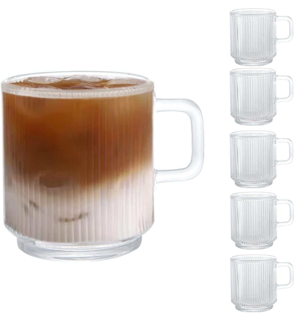 D.M DESIGN·MASTER [6 Pack, 350ML - Glass Coffee Mugs with Handle, Classic Vertical Stripes Tea Cup,Transparent Tea Glasses for Hot/Cold Beverages.