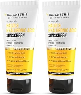 Dr. Sheth's Haldi & Hyaluronic Acid Sunscreen | SPF 50+ PA+++ | 1% Hyaluronic Acid & Turmeric Extract | Hydrating |Normal to Dry Skin | Protects Against UVA/UVB | Women & Men | Pack of 2 | 100g
