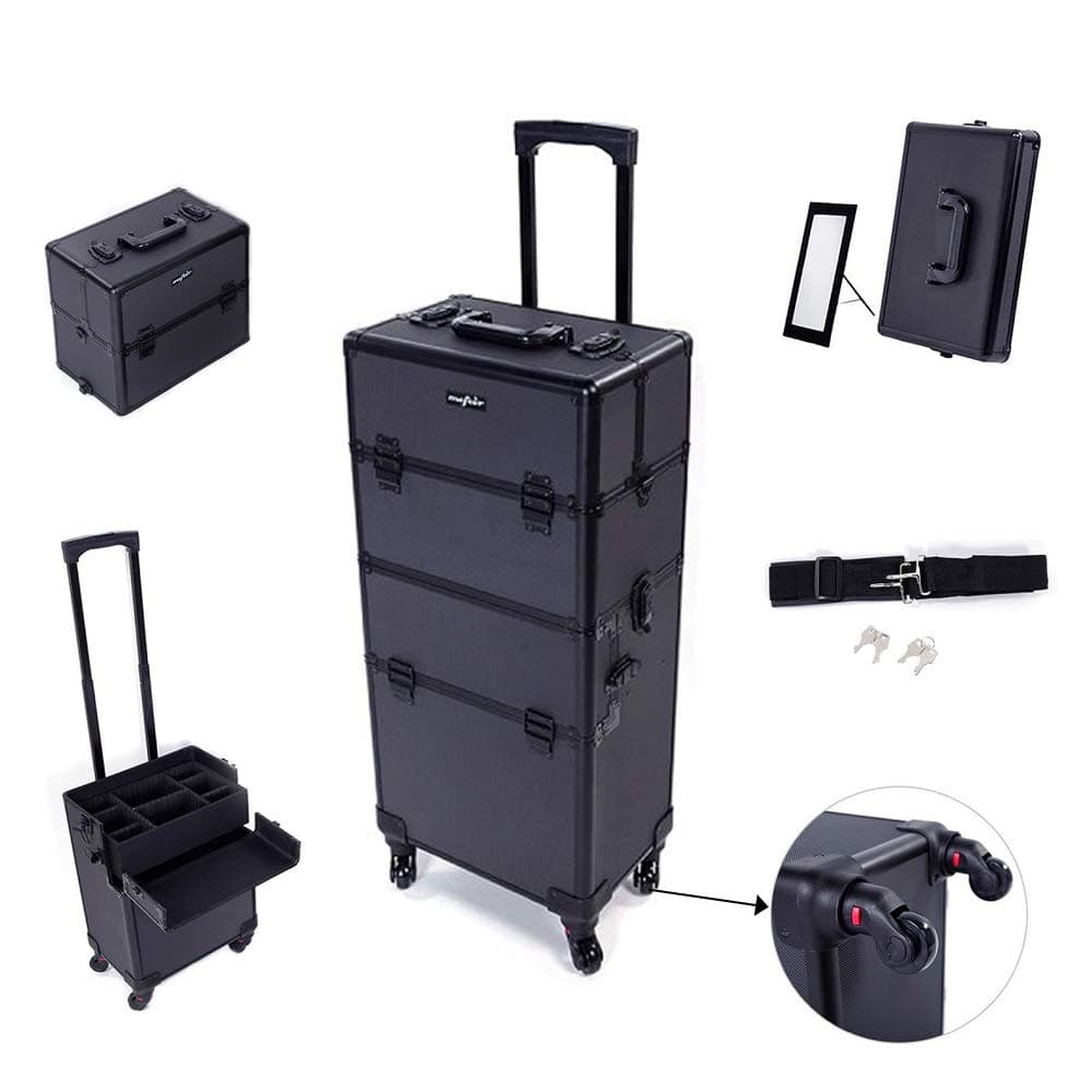 2 in 1 Rolling Makeup Train Case Professional Cosmetic trolley on Wheels Aluminum Nail Cart Cosmetic Suitcase for professional makeup artist, Luggage Lockable w/4 Removable Wheels (Black)