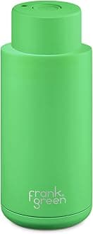 frank green Reusable Water Bottle with Straw Lid, Ceramic Insulated Water Bottles with Triple Wall Vacuum, flasks for hot and Cold Drinks, Leak-Resistant Drinks Bottle - Neon Green, 34oz/1 Litre