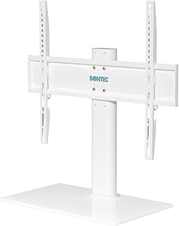 BONTEC Universal TV Stand for 24–60 Inch LCD LED OLED Plasma TVs, Height Adjustable Table Top Pedestal with Bracket, 8mm Tempered Glass Base, 45kg Load, Max VESA 400x400mm, Cable Management, White