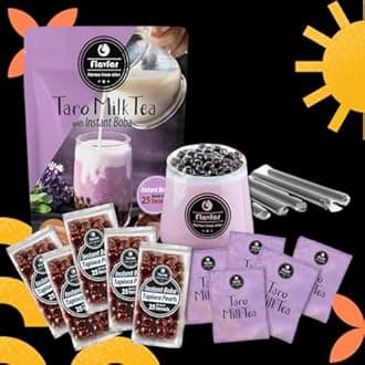 Flavfar Premium Instant Taro Milk Tea Kit with Authentic Brown Sugar Tapioca Boba and Straws - Ready in Just 25 Seconds - Perfect for Home, Parties, and Gift Giving - 5 Servings
