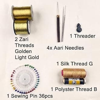 Aari Work Materials Kit Golden Moti Sewing Pin, Sepia, Zari, Zardosi, Mirrors Combo Pack Set of Maggam