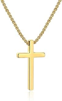 Ursteel Cross Necklace for Men, Silver Black Gold Stainless Steel Cross Pendant Necklace for Men, 16-30 Inches Box Chain