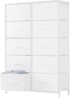 DUMOS Dresser for Bedroom 10 Drawers, Storage Chest of Drawers with Fabric Bins, Tall Dresser with Sturdy Steel Frame Clothes Organizer Wood Top for Closet, Hallway, Nursery, Living Room, White