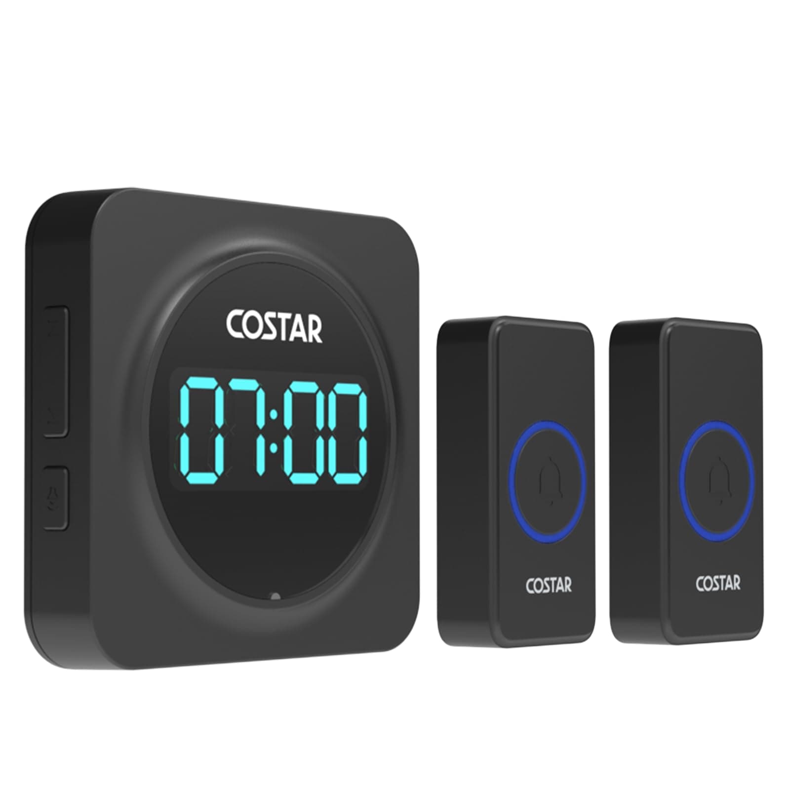 - Costar Door Bell - Calling Bell Wireless with 24-Hour Time Display, Wireless Doorbell for Home, 1000ft Range Operating with 58 Chimes, 5 Levels Adjustable Volume(Pebble 705 Black 2 Push Button)