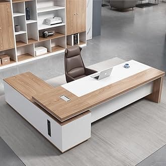 LITFAD L-shaped Office Computer Desk with Secure Drawer, CPU Cabinet and Cord Management Modern Wood Executive Desk Writing Desk Boss Table Office Furniture, Without Chairs, 102.4"L x 70.9"W x 29.5"H